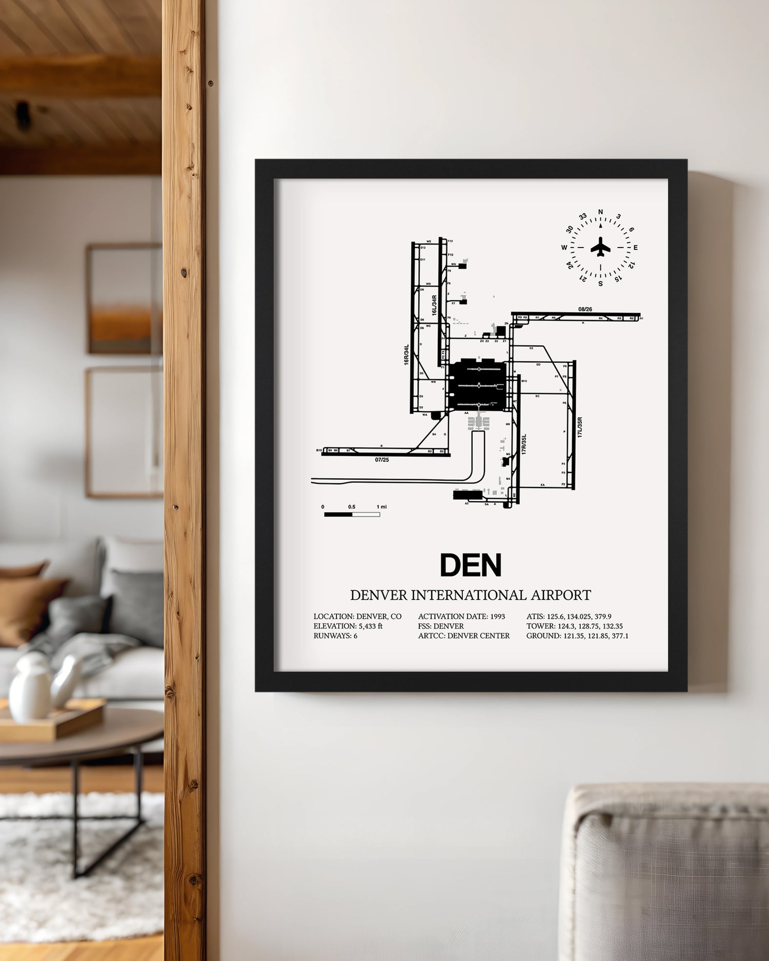 Framed Detailed Airport Map of Denver International Airport (DEN) in White with a Black Frame