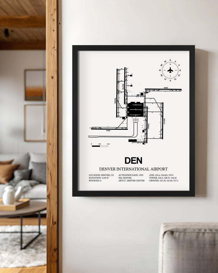 Framed Detailed Airport Map of Denver International Airport (DEN) in White with a Black Frame