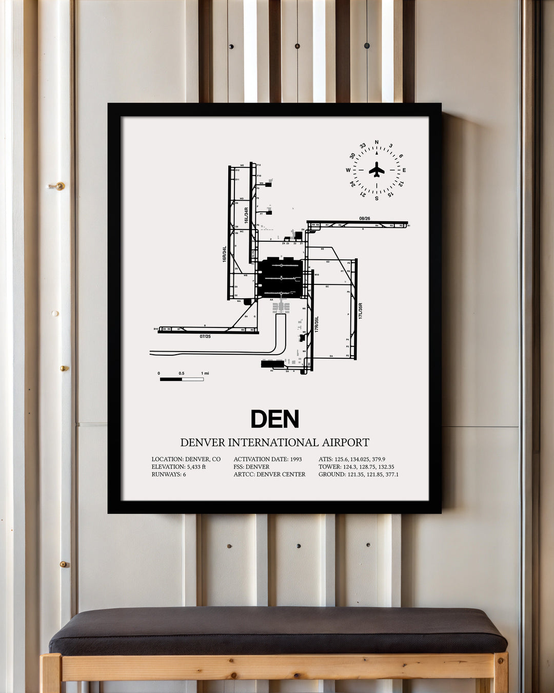 Framed Detailed Airport Map of Denver International Airport (DEN) in White with a Black Frame