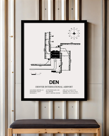 Framed Detailed Airport Map of Denver International Airport (DEN) in White with a Black Frame