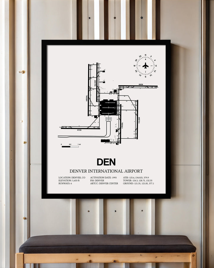 Framed Detailed Airport Map of Denver International Airport (DEN) in White with a Black Frame