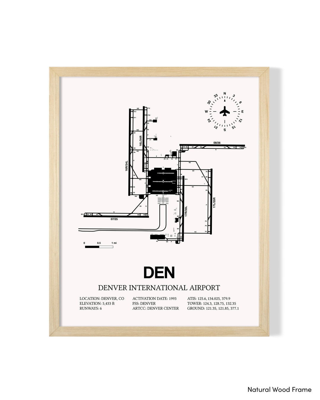 Detailed Airport Map of Denver International Airport (DEN) in White with a Natural Frame