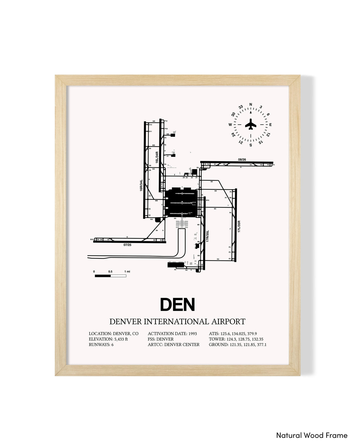 Detailed Airport Map of Denver International Airport (DEN) in White with a Natural Frame
