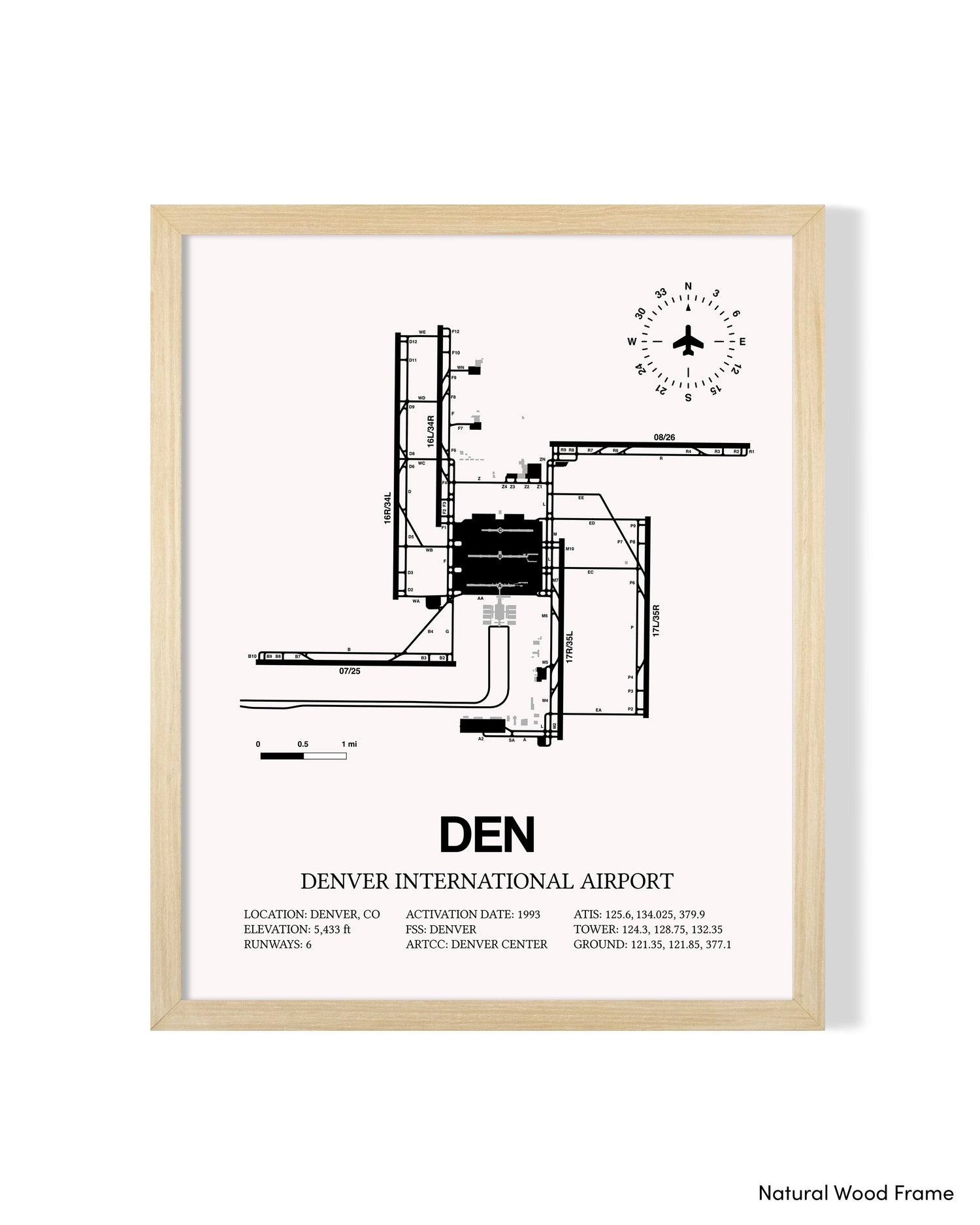 Detailed Airport Map of Denver International Airport (DEN) in White with a Natural Frame