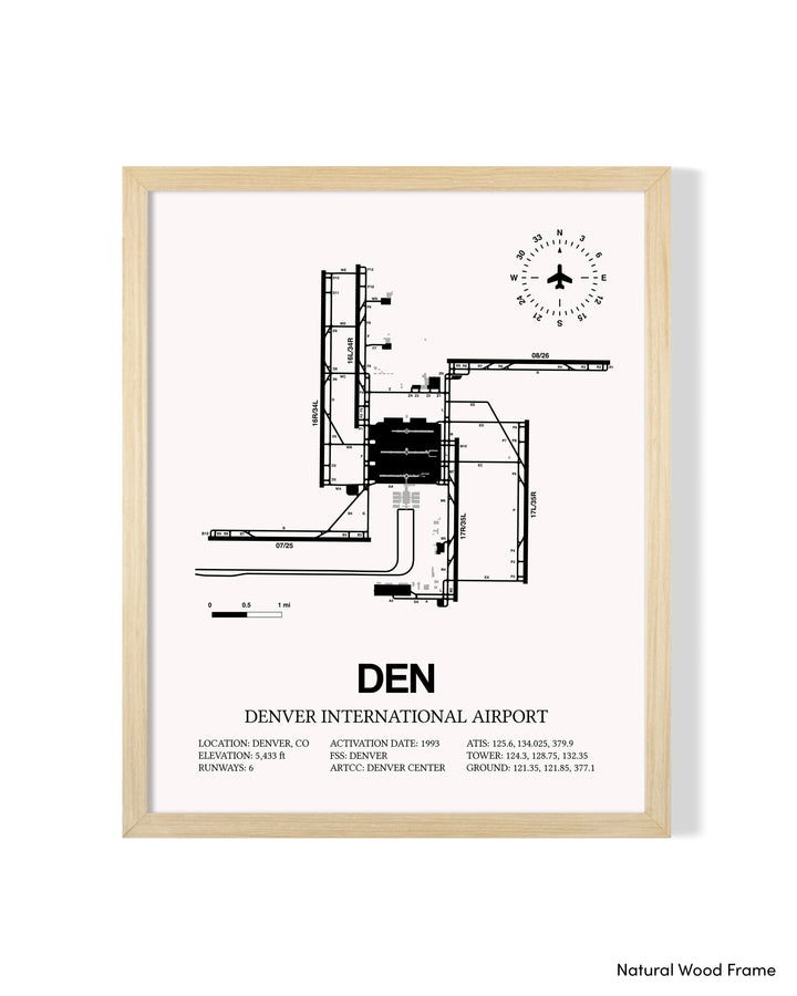 Detailed Airport Map of Denver International Airport (DEN) in White with a Natural Frame