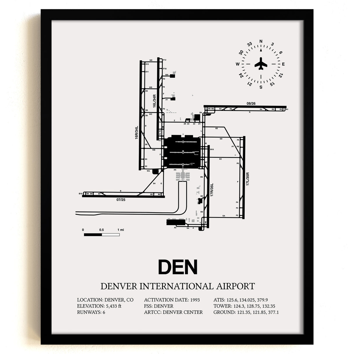 Framed Detailed Airport Map of Denver International Airport (DEN) in White with a Black Frame