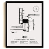 Framed Detailed Airport Map of Denver International Airport (DEN) in White with a Black Frame