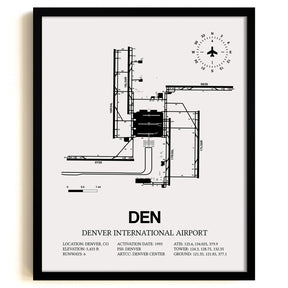 Framed Detailed Airport Map of Denver International Airport (DEN) in White with a Black Frame