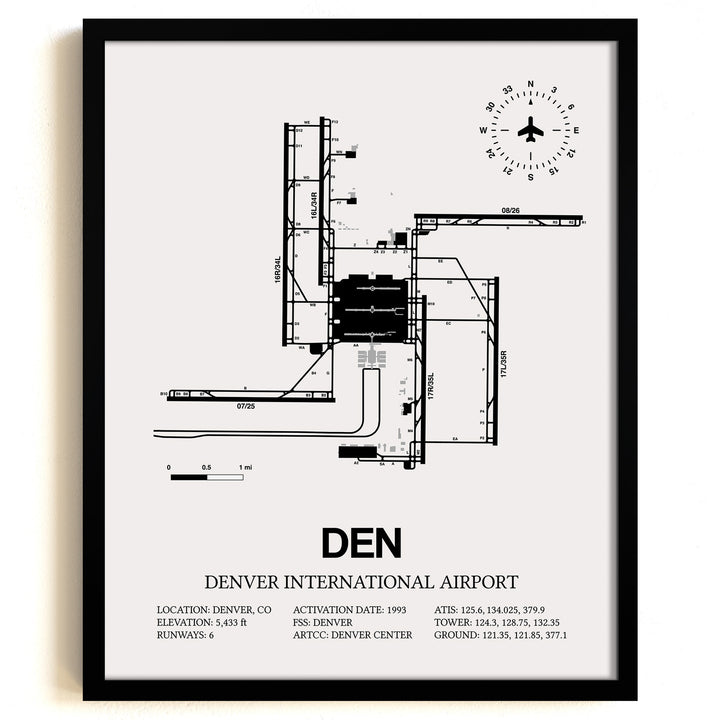 Framed Detailed Airport Map of Denver International Airport (DEN) in White with a Black Frame
