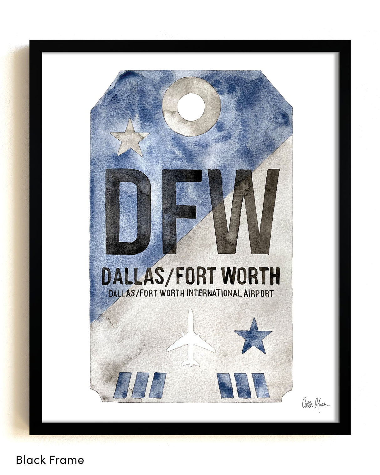 Framed Watercolor Print of Dallas Fort Worth International Airport (DFW) with a Black Frame