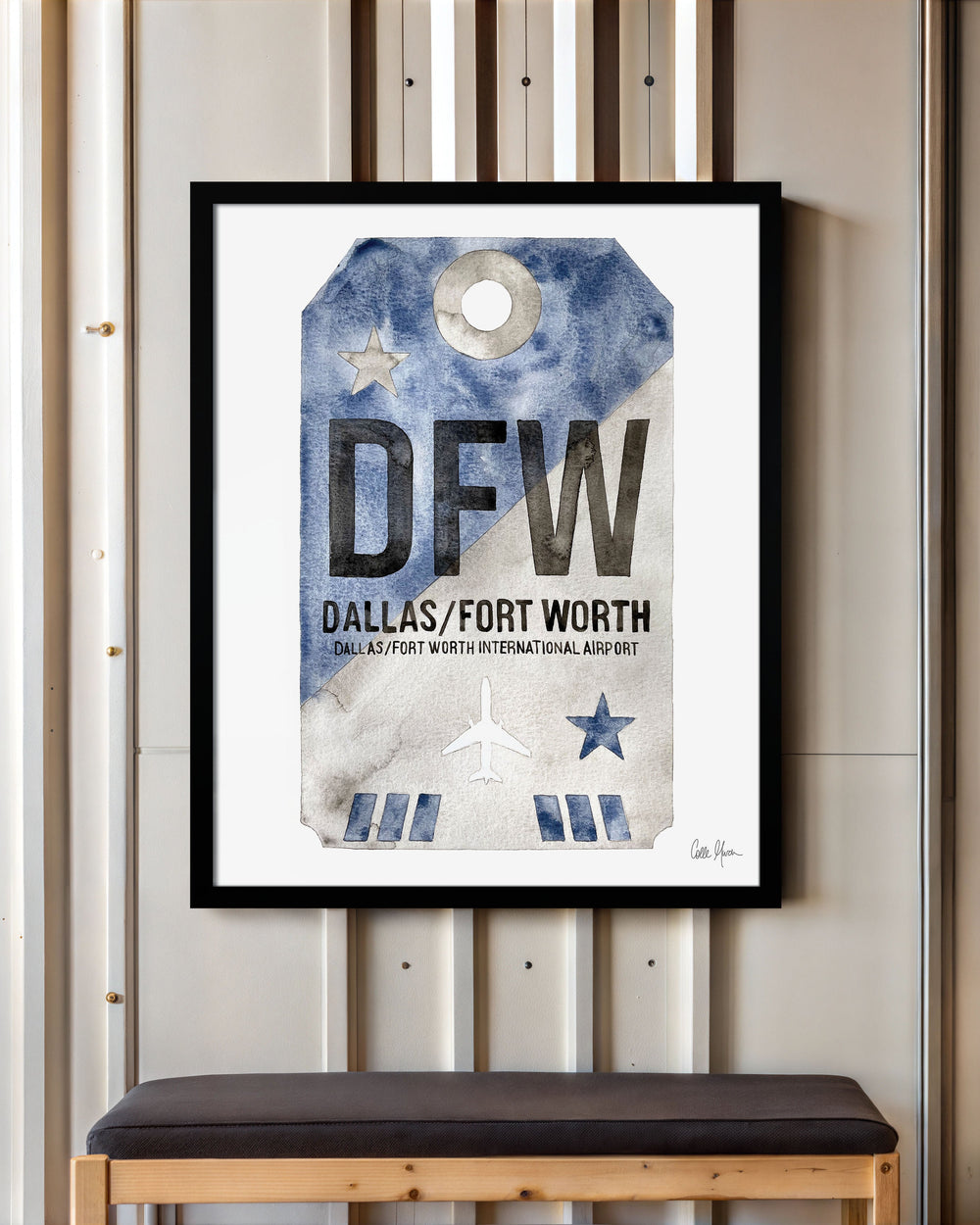 Framed Watercolor Print of Dallas Fort Worth International Airport (DFW) with a Black Frame