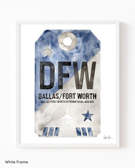 Framed Watercolor Print of Dallas Fort Worth International Airport (DFW) with a White Frame