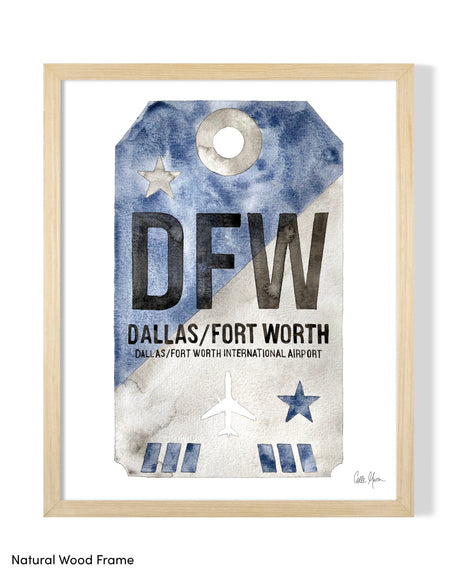 Framed Watercolor Print of Dallas Fort Worth International Airport (DFW) with a Natural Wood Frame
