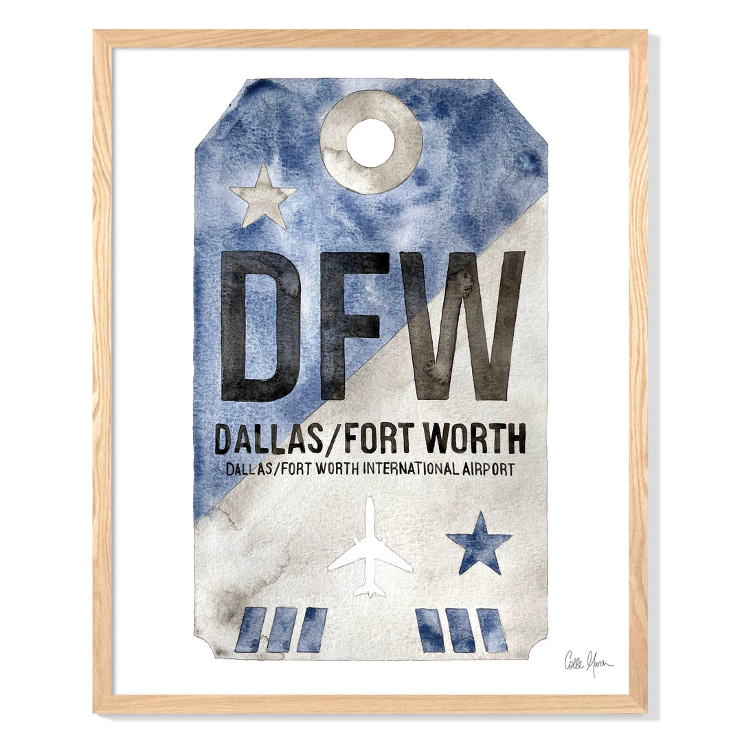 Framed Watercolor Print of Dallas Fort Worth International Airport (DFW) with an Oak Frame