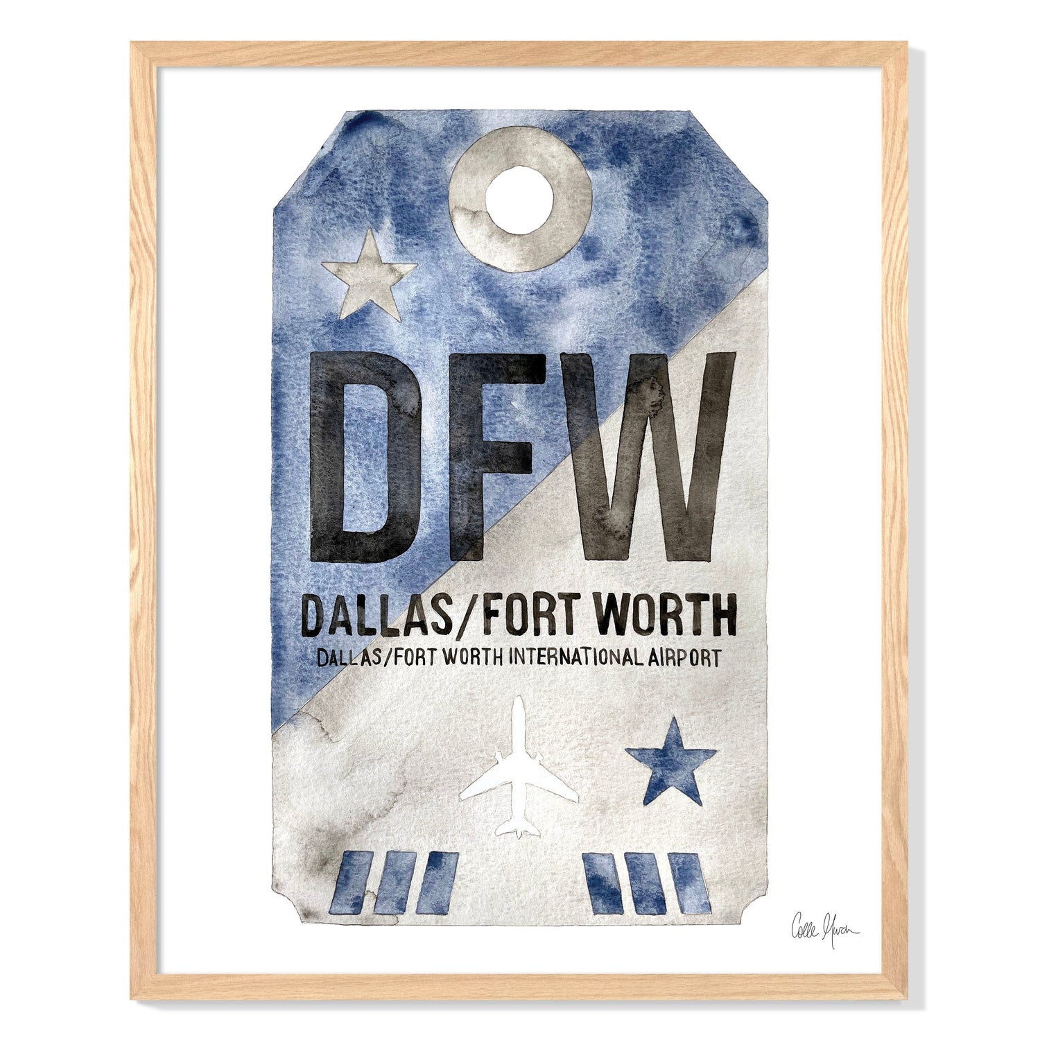 Framed Watercolor Print of Dallas Fort Worth International Airport (DFW) with an Oak Frame