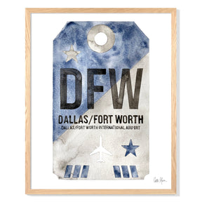 Framed Watercolor Print of Dallas Fort Worth International Airport (DFW) with an Oak Frame