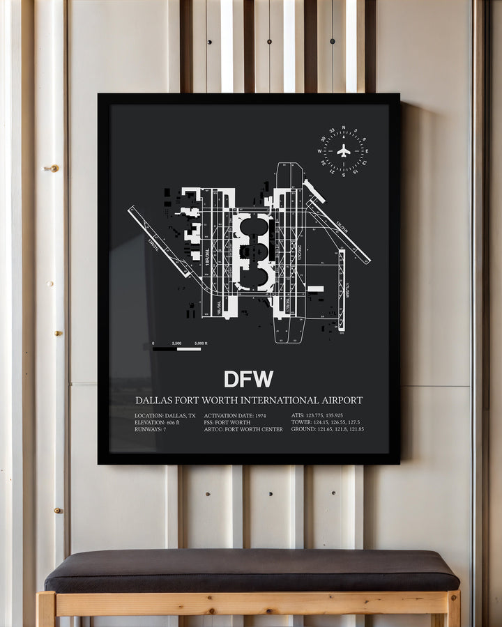 Framed Detailed Airport Map of Dallas-Fort Worth International Airport (DFW) in Gray with a Black Frame