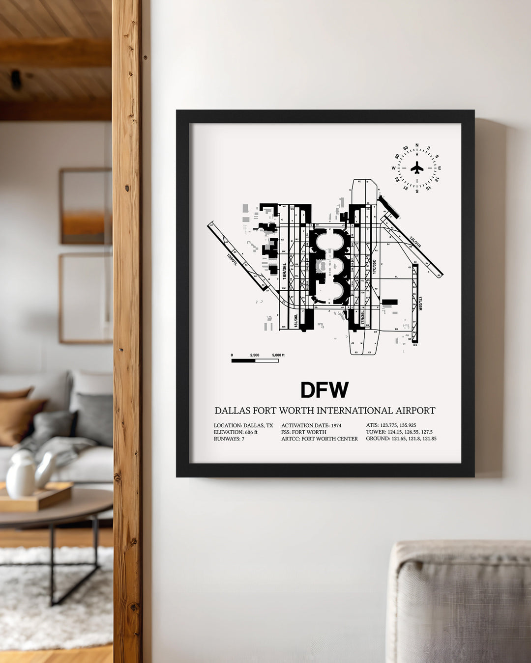 Framed Detailed Airport Map of Dallas-Fort Worth International Airport (DFW) in White with a Black Frame