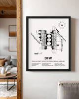 Framed Detailed Airport Map of Dallas-Fort Worth International Airport (DFW) in White with a Black Frame