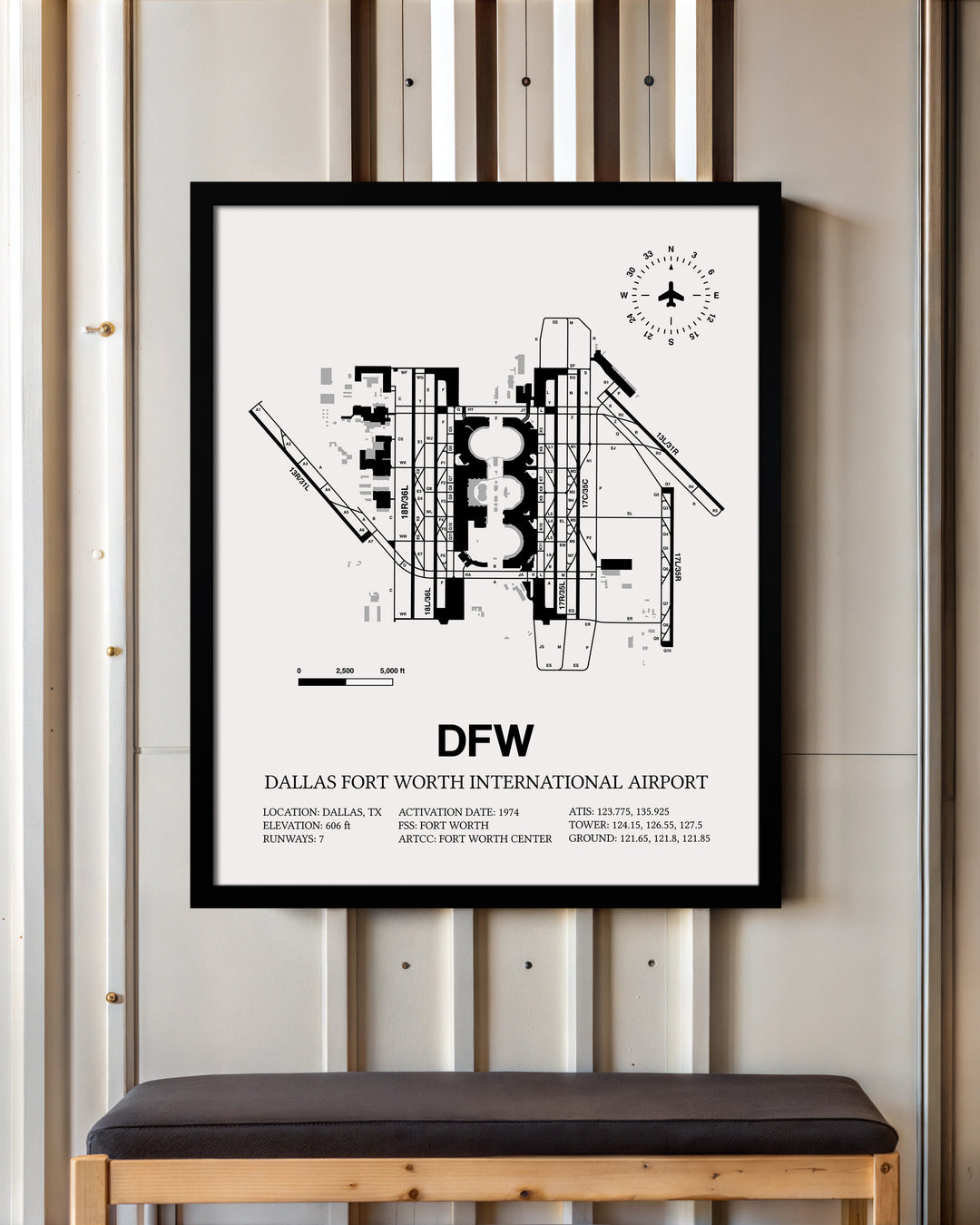 Framed Detailed Airport Map of Dallas-Fort Worth International Airport (DFW) in White with a Black Frame