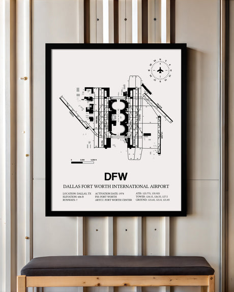 Framed Detailed Airport Map of Dallas-Fort Worth International Airport (DFW) in White with a Black Frame