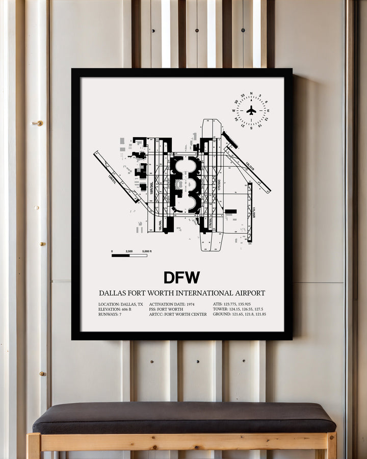 Framed Detailed Airport Map of Dallas-Fort Worth International Airport (DFW) in White with a Black Frame