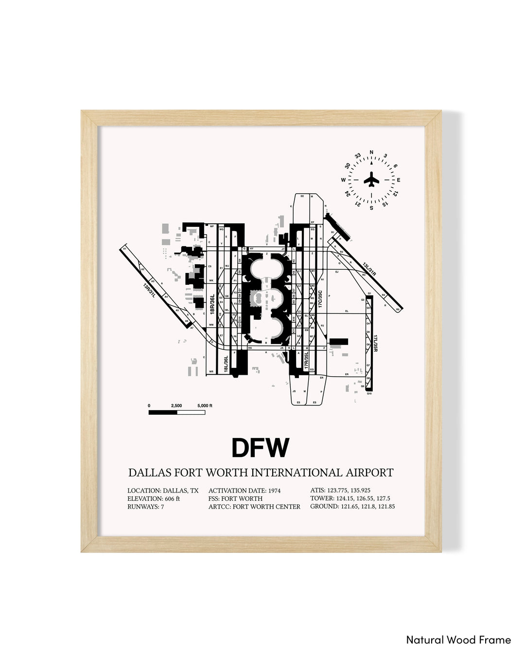 Detailed Airport Map of Dallas-Fort Worth International Airport (DFW) in White with a Natural Frame