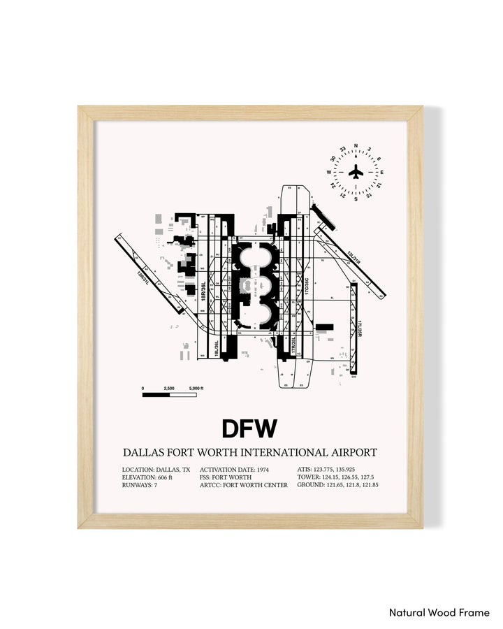Detailed Airport Map of Dallas-Fort Worth International Airport (DFW) in White with a Natural Frame