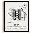 Framed Detailed Airport Map of Dallas-Fort Worth International Airport (DFW) in White with a Black Frame