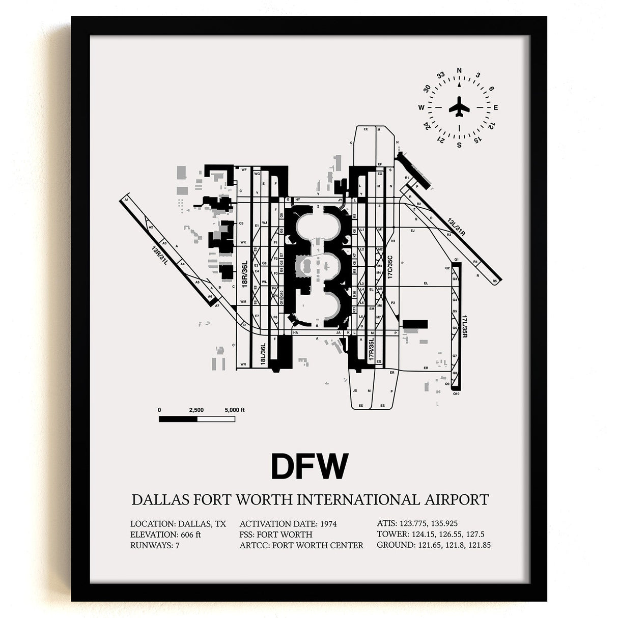 Framed Detailed Airport Map of Dallas-Fort Worth International Airport (DFW) in White with a Black Frame