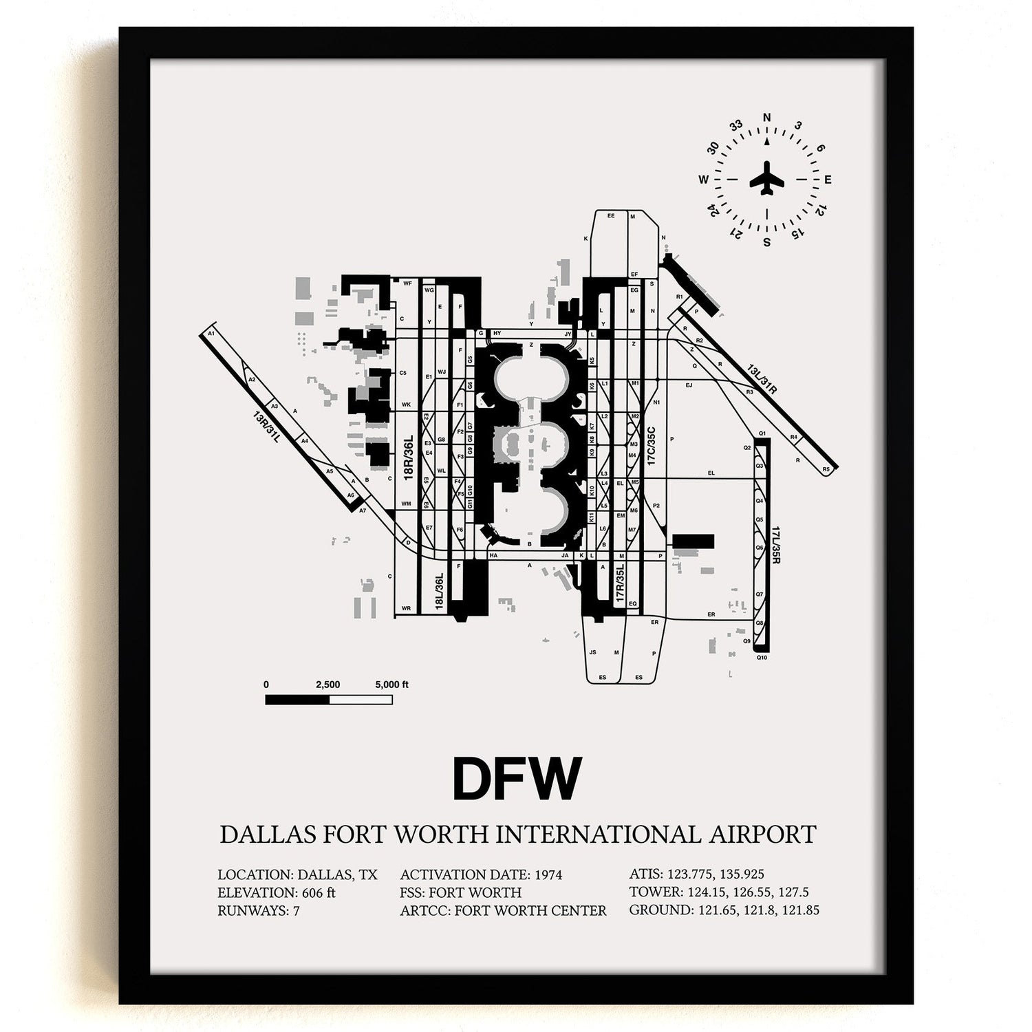 Framed Detailed Airport Map of Dallas-Fort Worth International Airport (DFW) in White with a Black Frame