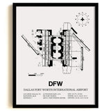 Framed Detailed Airport Map of Dallas-Fort Worth International Airport (DFW) in White with a Black Frame
