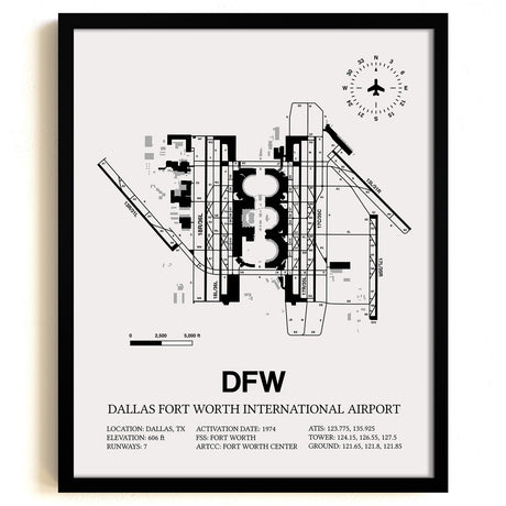 Framed Detailed Airport Map of Dallas-Fort Worth International Airport (DFW) in White with a Black Frame