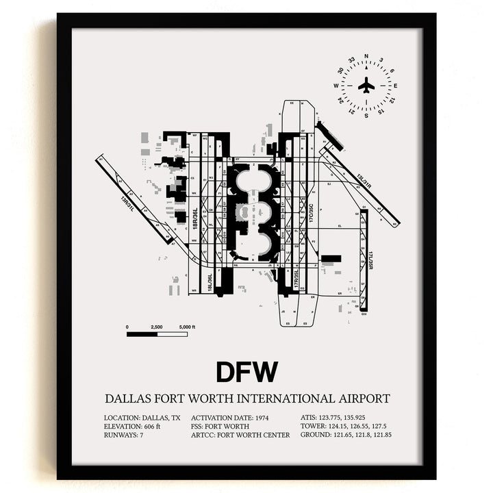 Framed Detailed Airport Map of Dallas-Fort Worth International Airport (DFW) in White with a Black Frame