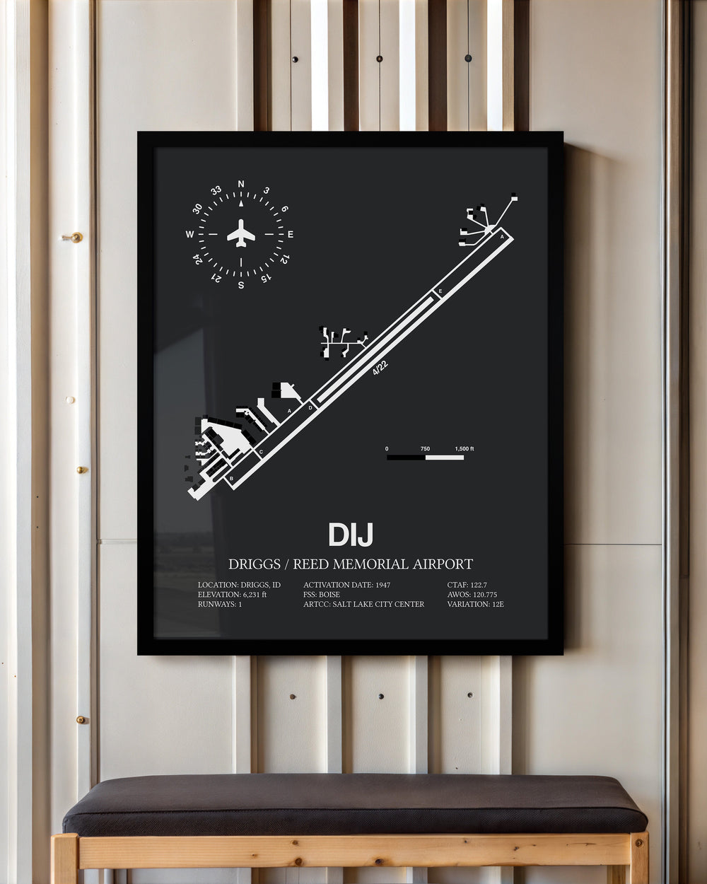 Framed Detailed Airport Map of Driggs/Reed Memorial Airport (DIJ) in Gray with a Black Frame