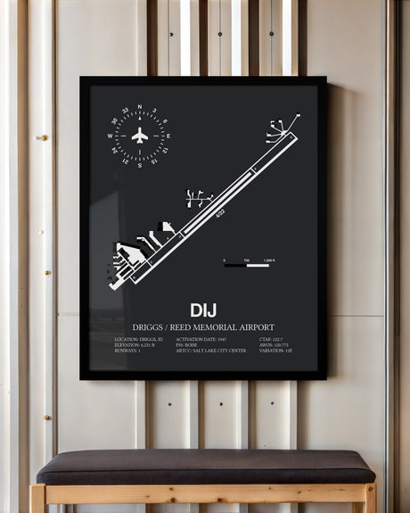 Framed Detailed Airport Map of Driggs/Reed Memorial Airport (DIJ) in Gray with a Black Frame