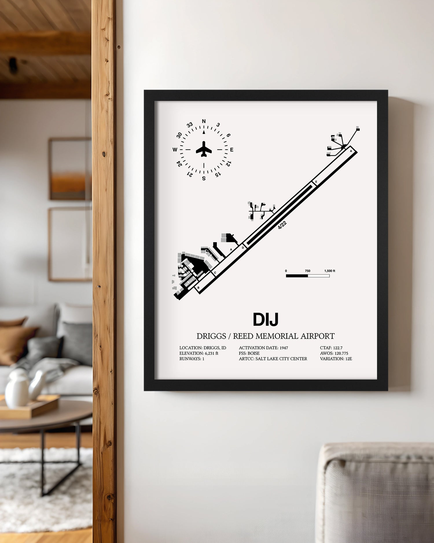 Framed Detailed Airport Map of Driggs/Reed Memorial Airport (DIJ) in White with a Black Frame