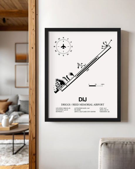 Framed Detailed Airport Map of Driggs/Reed Memorial Airport (DIJ) in White with a Black Frame