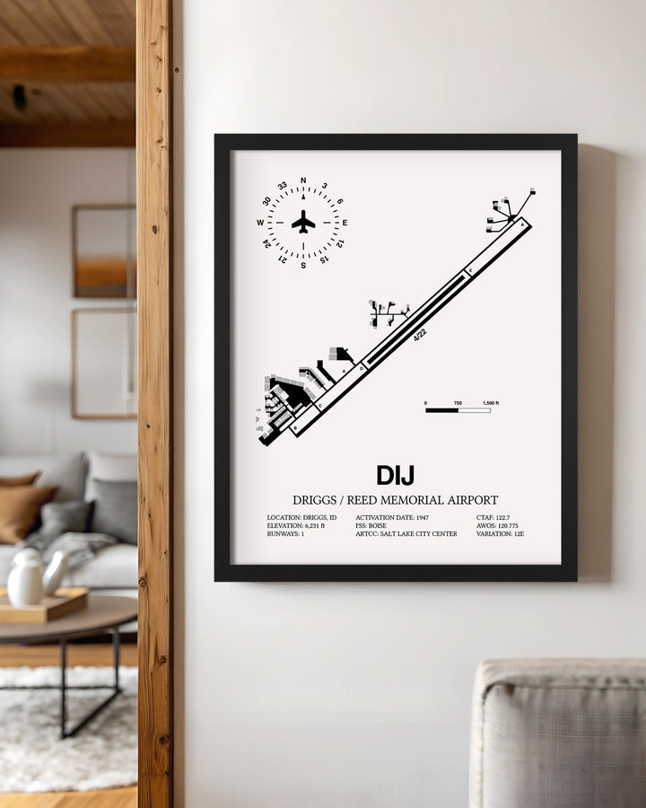 Framed Detailed Airport Map of Driggs/Reed Memorial Airport (DIJ) in White with a Black Frame