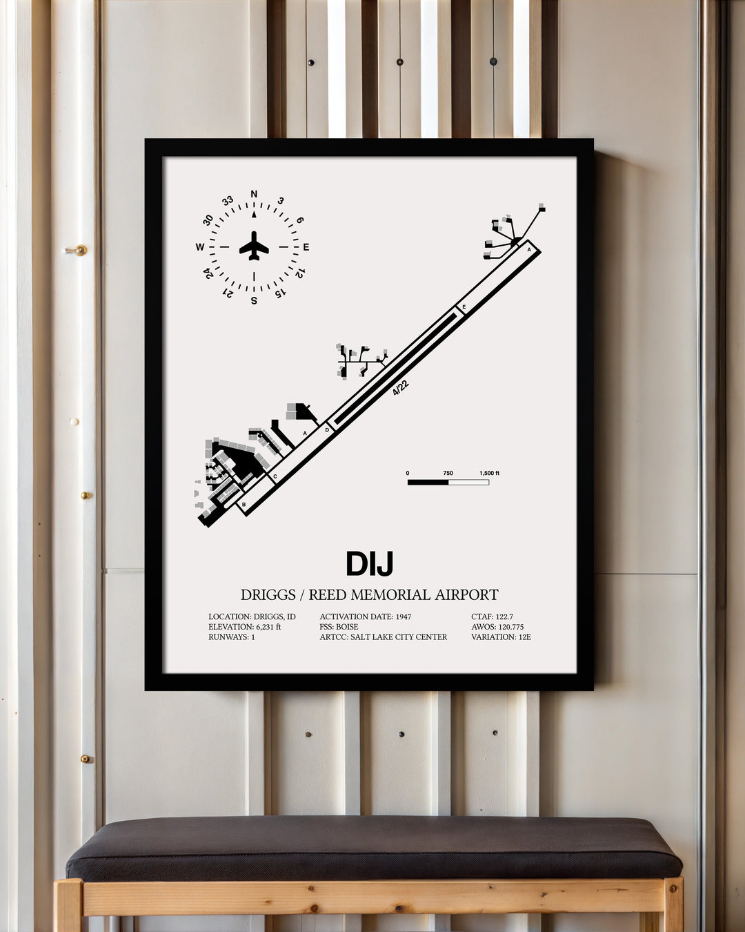 Framed Detailed Airport Map of Driggs/Reed Memorial Airport (DIJ) in White with a Black Frame