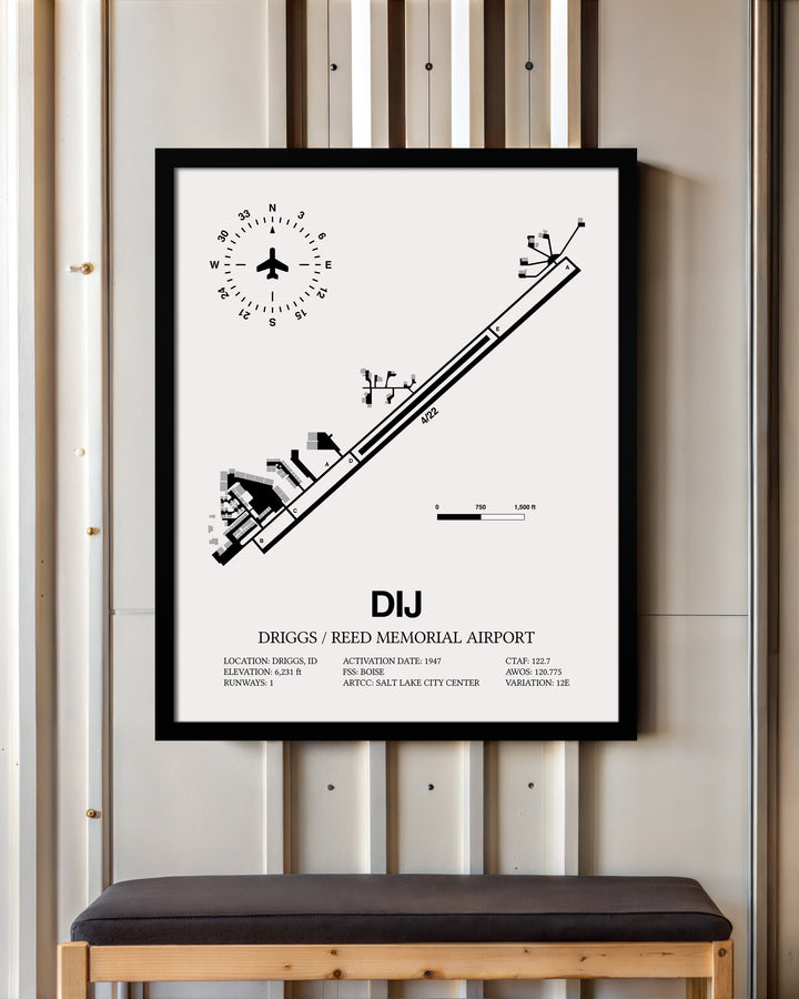 Framed Detailed Airport Map of Driggs/Reed Memorial Airport (DIJ) in White with a Black Frame