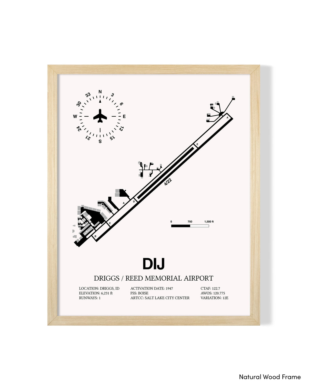 Detailed Airport Map of Driggs/Reed Memorial Airport (DIJ) in White with a Natural Frame