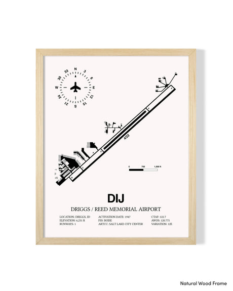 Detailed Airport Map of Driggs/Reed Memorial Airport (DIJ) in White with a Natural Frame