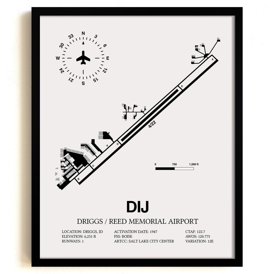 Framed Detailed Airport Map of Driggs/Reed Memorial Airport (DIJ) in White with a Black Frame