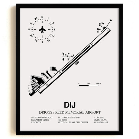 Framed Detailed Airport Map of Driggs/Reed Memorial Airport (DIJ) in White with a Black Frame