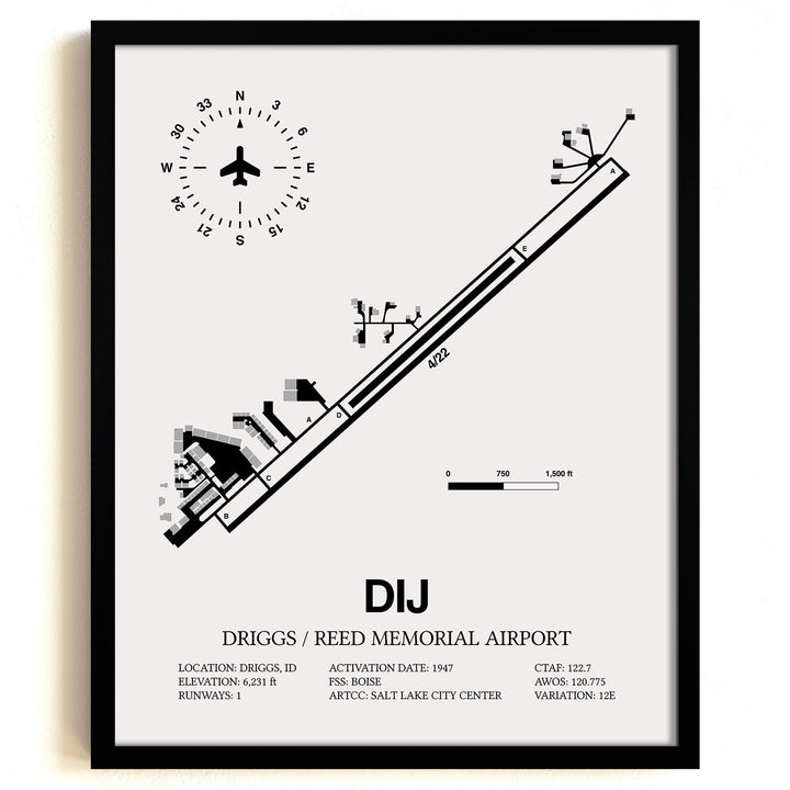 Framed Detailed Airport Map of Driggs/Reed Memorial Airport (DIJ) in White with a Black Frame