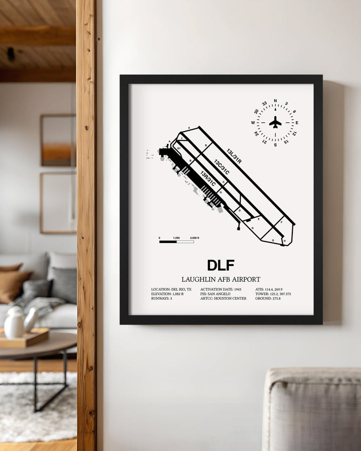 Framed Detailed Airport Map of Laughlin AFB Airport (DLF) in White with a Black Frame