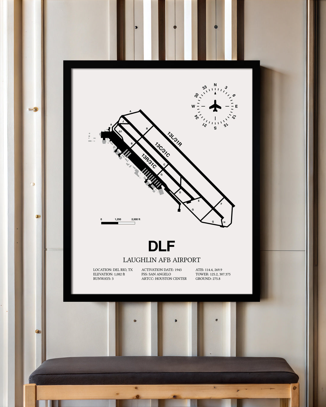 Framed Detailed Airport Map of Laughlin AFB Airport (DLF) in White with a Black Frame