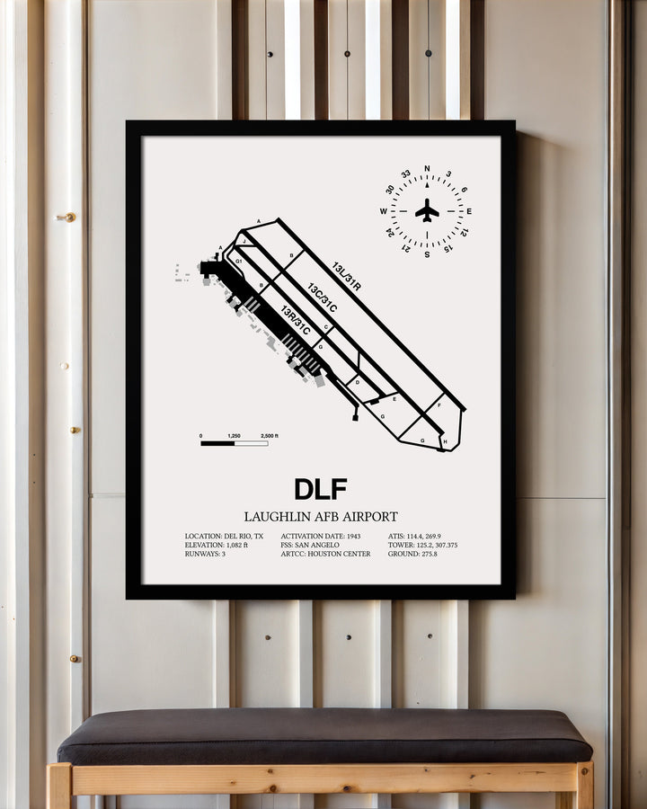 Framed Detailed Airport Map of Laughlin AFB Airport (DLF) in White with a Black Frame