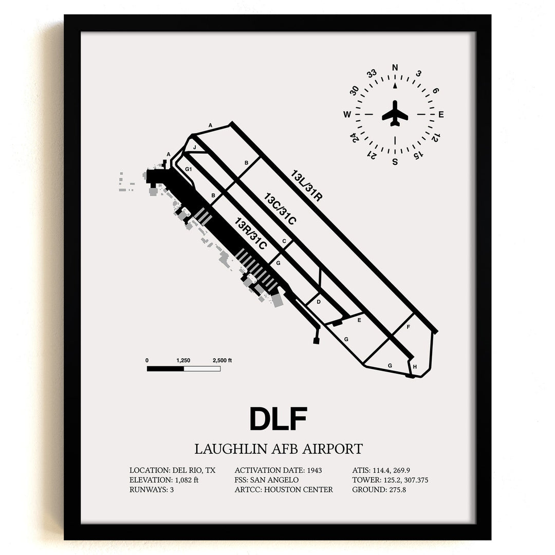 Framed Detailed Airport Map of Laughlin AFB Airport (DLF) in White with a Black Frame